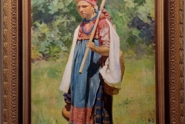 Антикварные картины (живопись и графика), Молодая крестьянка с граблями на лугу 
