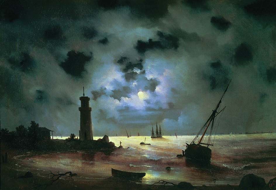 Иван Айвазовский. Картина «Берег моря ночью. У маяка», 1837