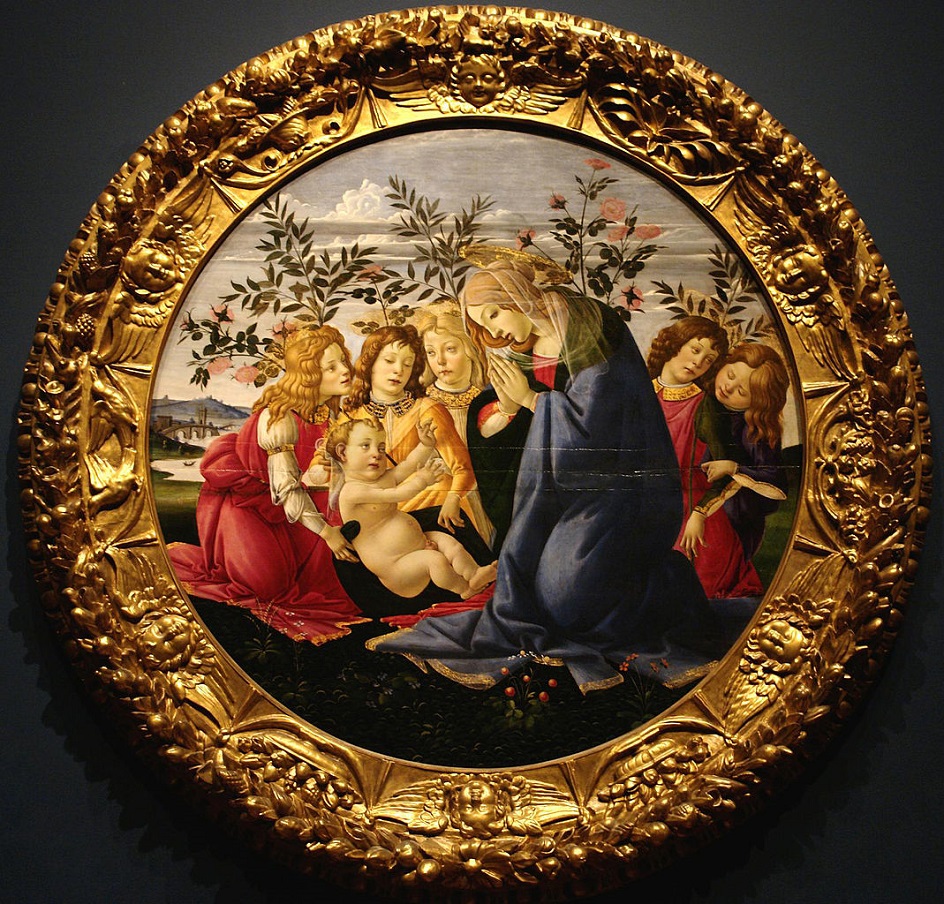 Мадонна на картинах. Сандро Боттичелли. Картина «Мадонна, поклоняющаяся Младенцу Христу, с пятью ангелами», 1485