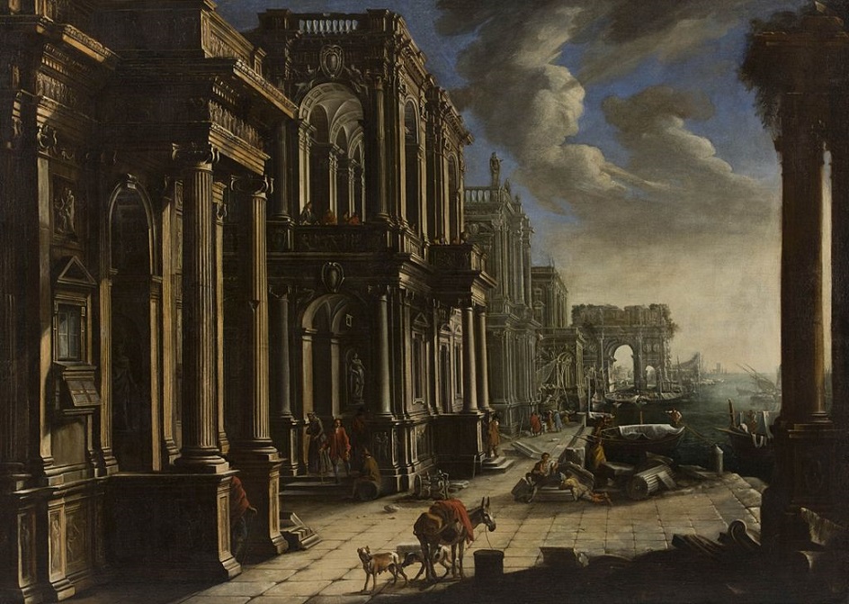 Каприччио. Аллесандро Салуччи. Картина «Вид с архитектурой, триумфальной аркой и фигурами», 1660