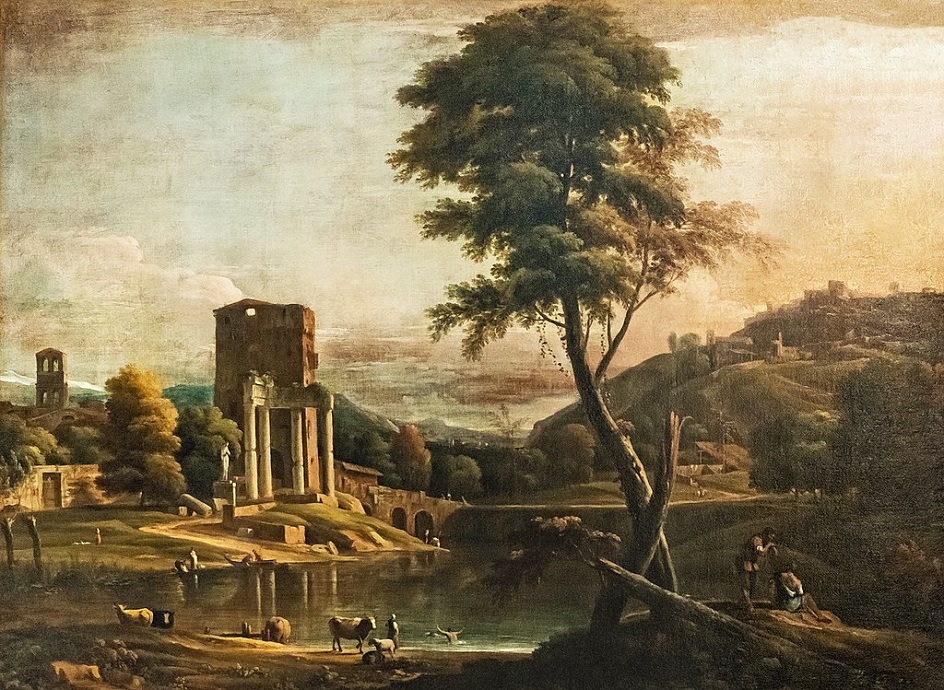 Каприччио. Марко Риччи. Картина «Руины и пруд в римской деревне», 1730