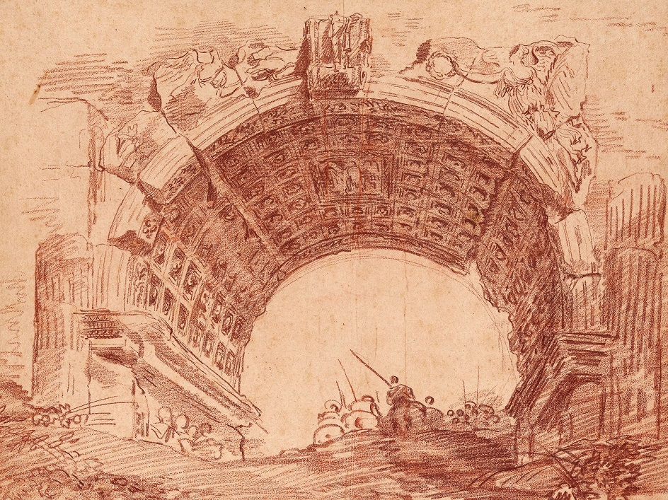 Сангина. Робер Юбер. Рисунок «Вид Рима с всадником, проезжающим через арку Тита», XVIII век