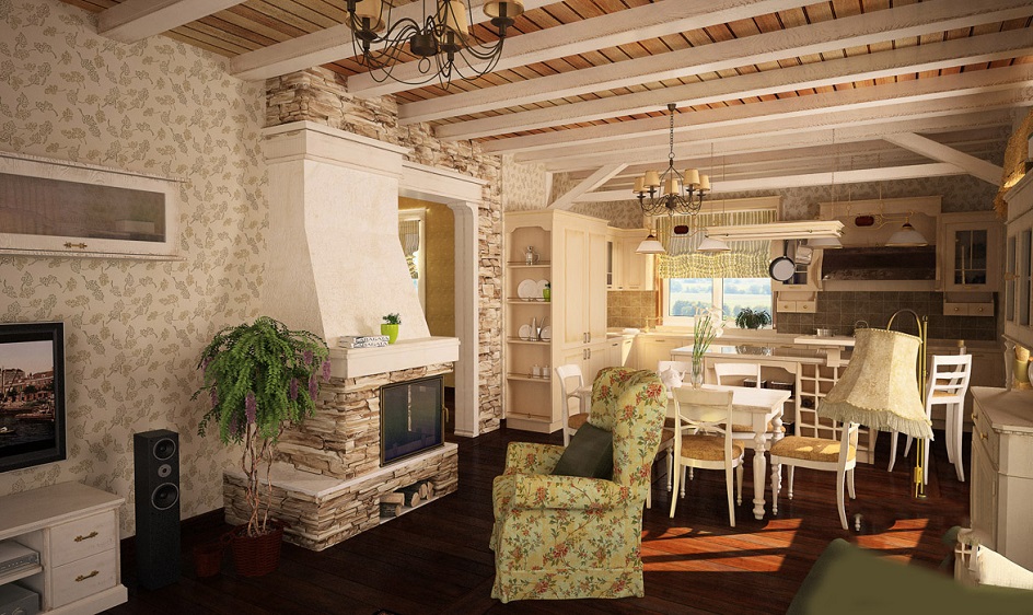 Прованс. Интерьер гостиной загородного дома с камином в стиле прованс